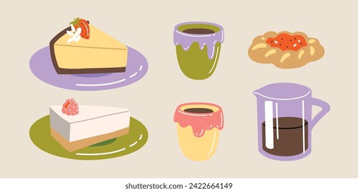 Vector hand painted cafe tasty pastry cheesecakes and danish desserts and coffee illustration. Cute flat simple hand drawn icon collection 