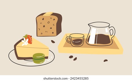 Vector hand painted cafe tasty pastry desserts and coffee illustration. Cute flat simple hand drawn icon collection 