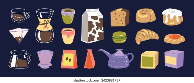 Vector hand painted cafe tasty pastry cheesecakes and danish desserts and specialty coffee illustration. Cute flat simple hand drawn icon collection 