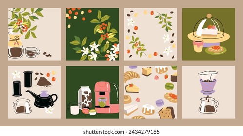 Vector hand painted cafe tasty pastry cheesecakes and danish desserts and specialty coffee illustration. Cute flat simple hand drawn icon composition, premade poster, banner set