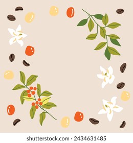 Vector hand painted cafe tasty specialty coffee plant, leaves, berries and flowers illustration. Cute flat simple hand drawn icon composition, premade poster, banner