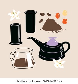 Vector hand painted cafe tasty filter specialty coffee illustration Cute flat simple hand drawn icon composition, premade poster, banner