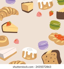 Vector pintado a mano café pastelería sabrosa tartas de queso y postres daneses ilustración. Lindo plano simple dibujado a mano composición de iconos, póster prehecho, banner