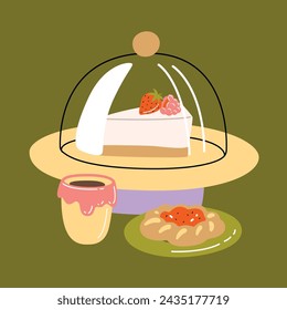 Vector hand painted cafe tasty pastry cheesecakes and danish desserts illustration. Cute flat simple hand drawn icon composition, premade poster, banner