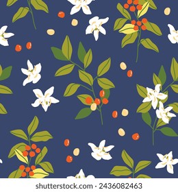 Vector hand painted cafe tasty specialty coffee plant, leaves, berries and flowers illustration. Cute flat simple hand drawn seamless pattern, wallpaper background, wrapping paper