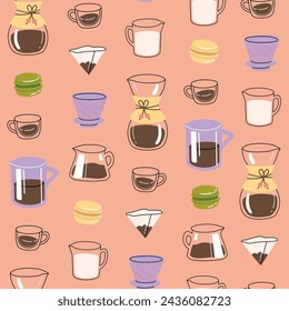 Vector hand painted cafe tasty filter specialty coffee illustration. Cute flat simple hand drawn clipart seamless pattern, wallpaper background, fabrics surface pattern design
