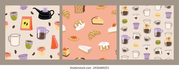 Vector hand painted cafe tasty filter specialty coffee illustration. Cute flat simple hand drawn clipart seamless pattern, wallpaper background, fabrics surface pattern design