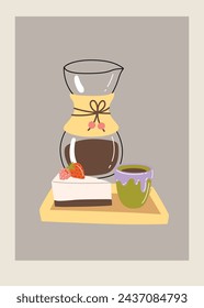 Vector hand painted cafe tasty filter specialty coffee illustration. Cute flat simple hand drawn clipart premade interior poster for print
