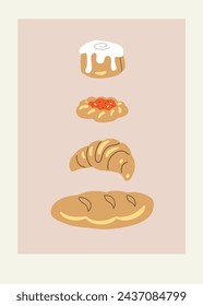 Vector hand painted cafe tasty backed pastry bread, croissant, danish and cinnamon bun illustration. Cute flat simple hand drawn clipart premade interior poster for print