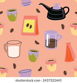 Vector hand painted cafe tasty filter specialty coffee illustration. Cute flat simple hand drawn clipart seamless pattern, wallpaper background, fabrics surface pattern design