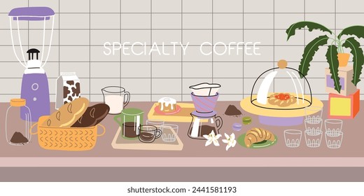 Vector hand painted cafe tasty pastry desserts and specialty coffee illustration. Cute flat simple hand drawn icon cafe interior composition, premade poster, banner