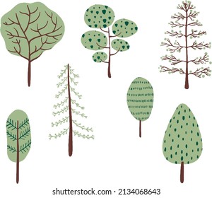 Conjunto natural verde de colores pintado a mano vectorial de ilustraciones de árboles y bosques. Ideal para imprimir, pegatinas, reserva de chatarra, diseño gráfico y otros proyectos creativos.