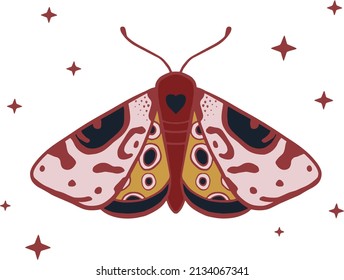 Vector hand painted colorful spiritual retro illustration of tropical butterfly moth with stars backround. Ideal for print, stickers, scrap booking, graphic design and other creative projects.