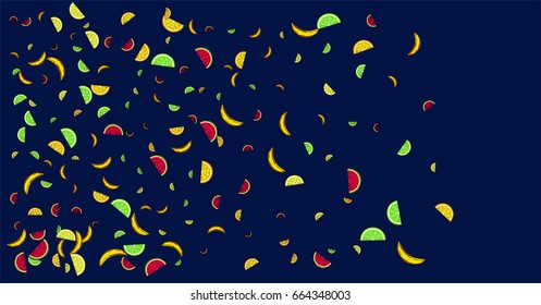 Vector hand painted confetti of watermelon, orange, lime, lemon, and banana on blue. Juicy exotic citrus confetti. Vitamins, tropical fruits, fresh food, juice, vegan, vegetarian lifestyle background.