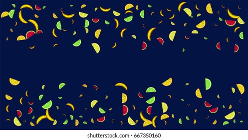 Vector hand painted confetti of watermelon, orange, lime, lemon, and banana on blue. Juicy exotic citrus confetti. Vitamins, tropical fruits, fresh food, juice, vegan, vegetarian lifestyle background.
