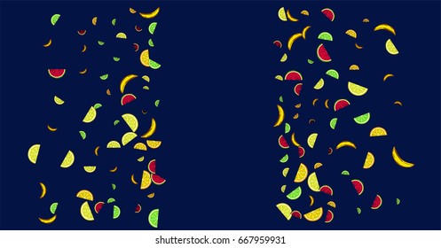 Vector hand painted confetti of watermelon, orange, lime, lemon, and banana on blue. Juicy exotic citrus confetti. Vitamins, tropical fruits, fresh food, juice, vegan, vegetarian lifestyle background.