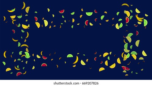 Vector hand painted confetti of watermelon, orange, lime, lemon, and banana on blue. Juicy exotic citrus confetti. Vitamins, tropical fruits, fresh food, juice, vegan, vegetarian lifestyle background.