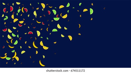 Vector hand painted confetti of watermelon, orange, lime, lemon, and banana on blue. Juicy exotic citrus confetti. Vitamins, tropical fruits, fresh food, juice, vegan, vegetarian lifestyle background.