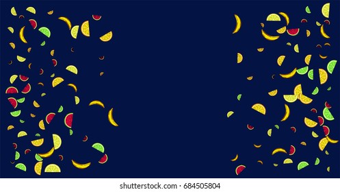 Vector hand painted confetti of watermelon, orange, lime, lemon, and banana on blue. Juicy exotic citrus confetti. Vitamins, tropical fruits, fresh food, juice, vegan, vegetarian lifestyle background.