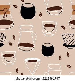 Vector hand painted filter coffee illustration, alternative preparing method. Modern simple outline icons, hand drawn sketch. Seamless pattern