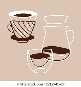 Vector hand painted filter coffee illustration, alternative preparing method. Modern simple outline icons, hand drawn sketch 
