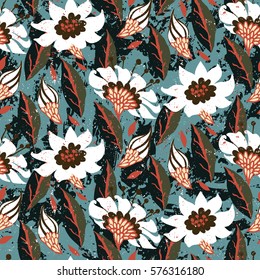 Vektorhandgemalte Blumenmuster mit Blume auf grünem Hintergrund. Frische Frühlingsdrucke mit Blumen und handgezeichnet. Blumengrunge-Böhmischer Ausdruck für Retro-Stoffdesign, Stoff, Innendekor