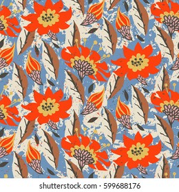 Vector hand painted floral pattern with flowers on blue background. Bold spring summer print with flowers and leafs hand drawn in bright color. Floral grunge bohemian print for retro textile design