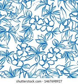 Vector hand painted floral seamless pattern with flowers and leaves. Ink cobalt, aqua and white background.