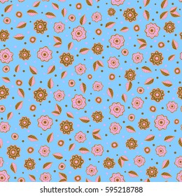 Vector hand painted flowers. Seamless pattern with little flowers in brown, pink and orange colors.