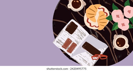 Vector hand painted French cafe top view flat lay illustration with coffee, croissant and newspaper. Cute flat simple hand drawn icon collection