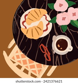 Vector hand painted French cafe top view flat lay illustration with coffee, croissant and newspaper. Cute flat simple hand drawn icon collection