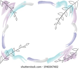 Composición de cuadro de color gráfico pintado a mano vectorial con textura de trazos de pincel rosa, azul, púrpura y ramas naturales de contorno negro y hojas sobre el fondo transparente para el diseño