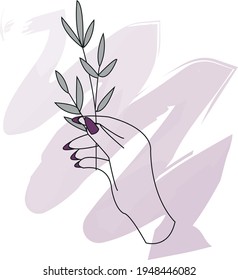 Vector hand painted graphic illustration with black contour hand with purple nails holding branch on the pink brush strokes on the transparent background for logo, icon design