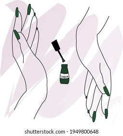 Vector hand painted graphic illustration with black contour hands object with green nails and manicure  nail polish bottle composition with pink brush strokes on the transparent background for logo