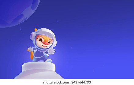 Vector hand painted horizontal illustration of the astronaut exiting the capsule