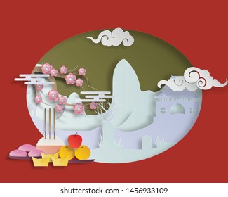 Vector hand painted on cutting paper about Chinese festival background food. Used in design.