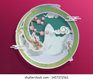 Vector hand painted on cutting paper about Chinese festival and dragon circle background food. Used in design.