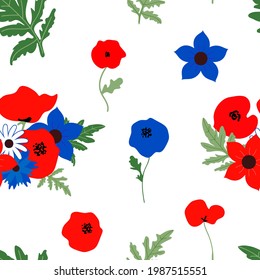 Vector hand painted poppy flowers seamless pattern. Red, blue, white flowers with green leaves print on white background. Festive decorative botanical wallpaper. 4th of July patriotic paper.