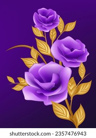 Vector hand painted purple flowers with gold leaves