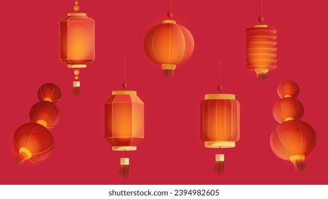 Vector hand painted red lantern collection