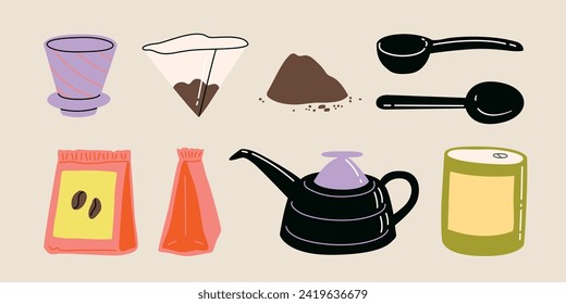 Vector hand painted specialty coffee illustration, alternative preparing method. Cute flat simple hand drawn icon collection