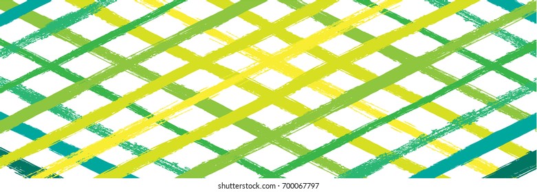 Vector Hand Painted Striped Summer Pattern. Flat Wide Horizontal Long Flyer Design. Watercolor Vintage Intersected Green, Blue, Yellow Stripes on White. Funky Doodle Grid. Grunge Hipster Cover Design.