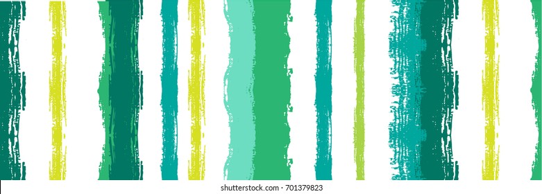 Vector Hand Painted Striped Summer Pattern. Flat Wide Horizontal Long Flyer Design. Watercolor Vintage Retro Vertical Green, Blue, Yellow Stripes on White. Funky Doodle Texture. Hipster Cover Design.