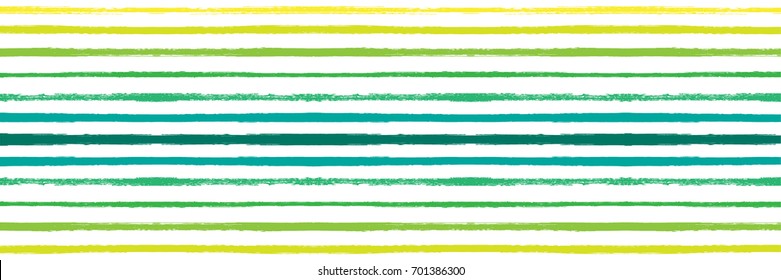 Vector Hand Painted Striped Summer Pattern. Flat Wide Horizontal Long Flyer Design. Watercolor Vintage Retro Green, Blue, Yellow Stripes on White. Funky Doodle Texture. Grunge Hipster Cover Design.