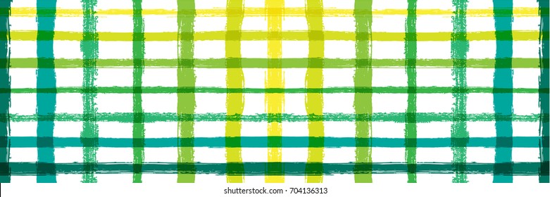 Vector Hand Painted Striped Summer Pattern. Flat Wide Horizontal Long Flyer Design. Watercolor Vintage Intersected Green, Blue, Yellow Stripes on White. Funky Doodle Grid. Grunge Hipster Cover Design.
