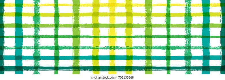 Vector Hand Painted Striped Summer Pattern. Flat Wide Horizontal Long Flyer Design. Watercolor Vintage Intersected Green, Blue, Yellow Stripes on White. Funky Doodle Grid. Grunge Hipster Cover Design.
