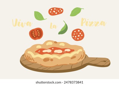 Vector pintado a mano de la cocina tradicional italiana: pizza de Margherita con queso mozzarella e ilustración de albahaca. Lindo plano simple dibujado a mano icono colección para el menú, carteles y redes sociales