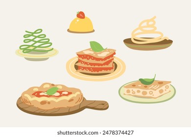 Vector hand painted traditional Italian cuisine: pizza, focaccia and pasta with mozzarella cheese and basil illustration. Cute flat simple hand drawn icon collection for menu, posters and social media