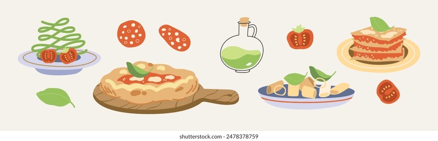 Vector hand painted traditional Italian cuisine: pizza, lasagna pasta with mozzarella cheese and basil illustration. Cute flat simple hand drawn icon collection for menu, posters and social media