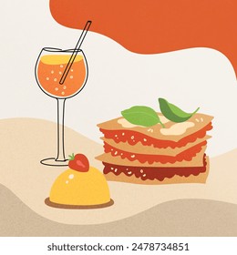 Vector hand painted trandy traditional Italian cuisine: pizza, lasagna pasta illustration. Cute flat simple hand drawn icon template for menu, posters and social media banners